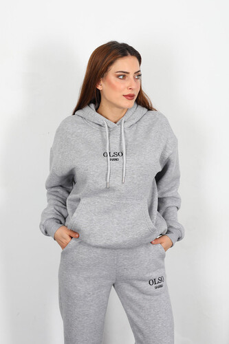 Olso Shand Nakışlı Kadın Gri Oversize Üç İplik Sweat Takım - Berox (1)