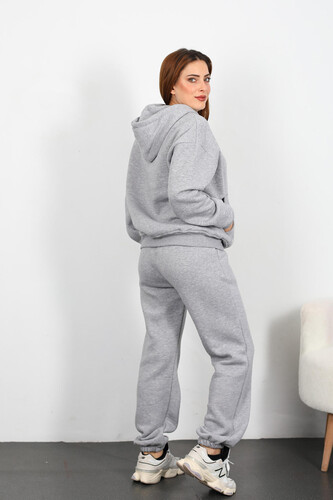 Olso Shand Nakışlı Kadın Gri Oversize Üç İplik Sweat Takım - 4