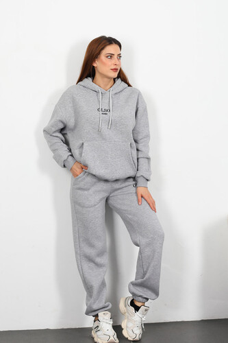 Olso Shand Nakışlı Kadın Gri Oversize Üç İplik Sweat Takım - Berox