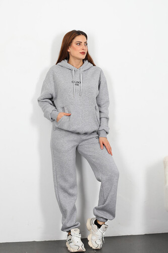 Olso Shand Nakışlı Kadın Gri Oversize Üç İplik Sweat Takım - 3