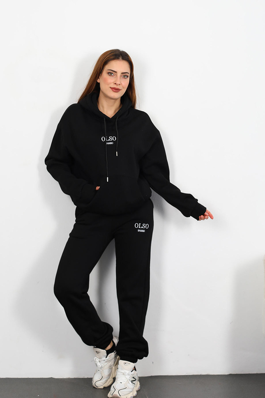Olso Shand Nakışlı Kadın Siyah Oversize Üç İplik Sweat Takım - 2