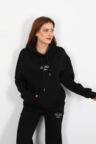Olso Shand Nakışlı Kadın Siyah Oversize Üç İplik Sweat Takım - 3