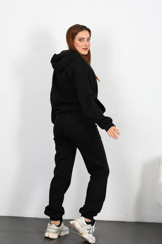 Olso Shand Nakışlı Kadın Siyah Oversize Üç İplik Sweat Takım - 5