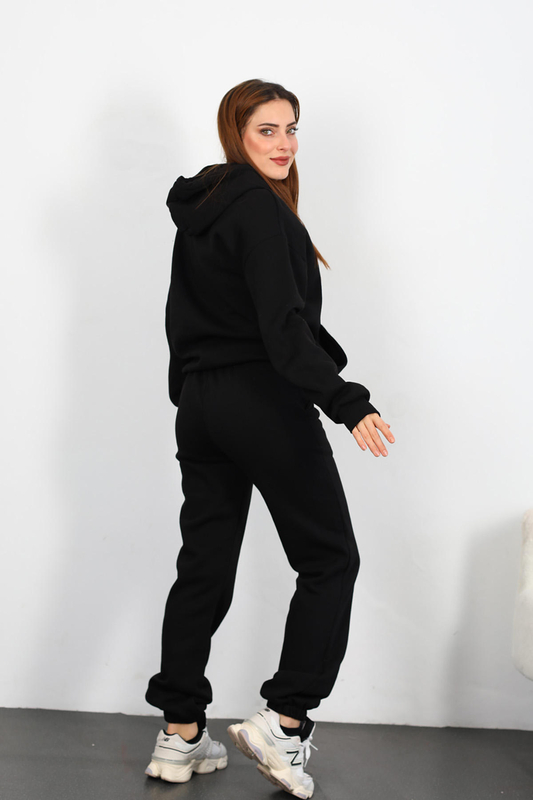 Olso Shand Nakışlı Kadın Siyah Oversize Üç İplik Sweat Takım - 5