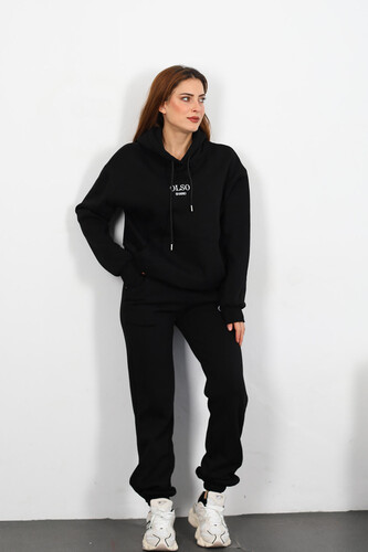Olso Shand Nakışlı Kadın Siyah Oversize Üç İplik Sweat Takım - Berox