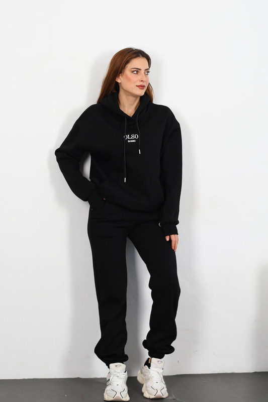 Olso Shand Nakışlı Kadın Siyah Oversize Üç İplik Sweat Takım - 1