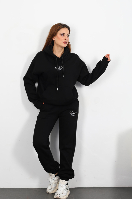 Olso Shand Nakışlı Kadın Siyah Oversize Üç İplik Sweat Takım - 4