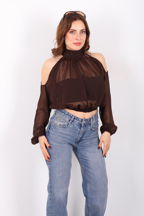 Omuz Açık Desenli Şifon Acı Kahve Kadın Bluz - 3