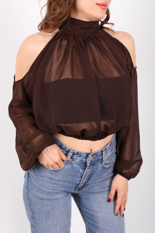 Omuz Açık Desenli Şifon Acı Kahve Kadın Bluz - Berox (1)