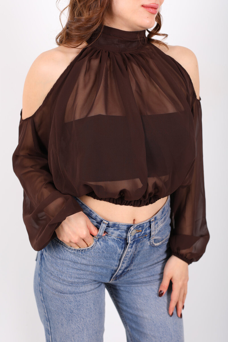 Omuz Açık Desenli Şifon Acı Kahve Kadın Bluz - 2