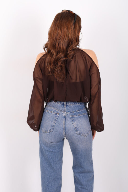 Omuz Açık Desenli Şifon Acı Kahve Kadın Bluz - 6