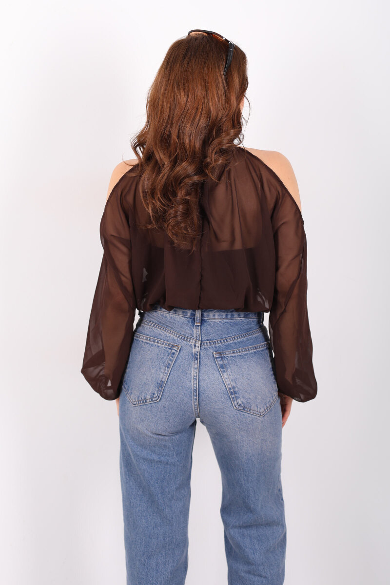 Omuz Açık Desenli Şifon Acı Kahve Kadın Bluz - 6