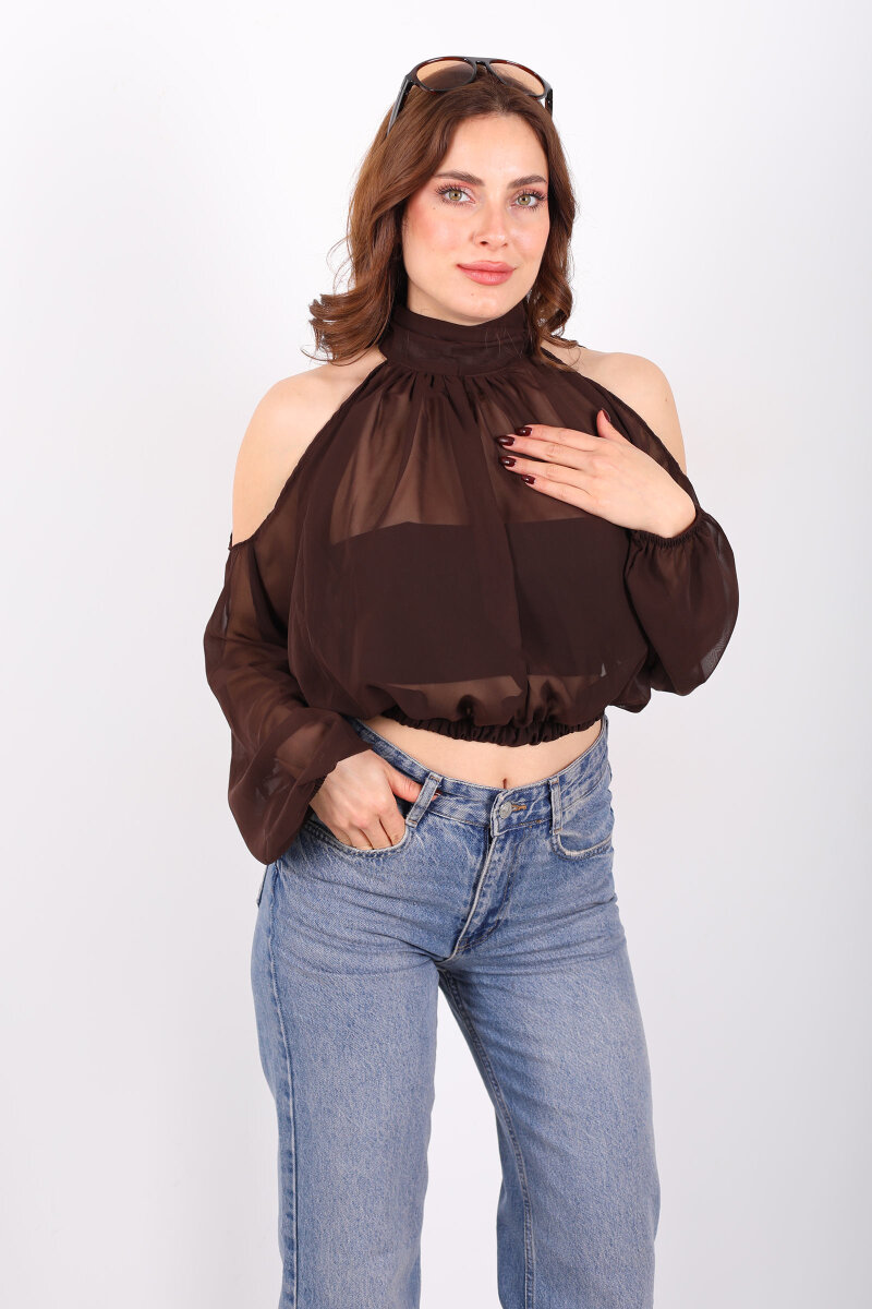 Omuz Açık Desenli Şifon Acı Kahve Kadın Bluz - 1