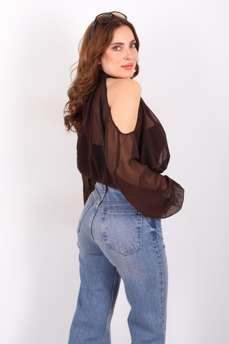 Omuz Açık Desenli Şifon Acı Kahve Kadın Bluz - 4
