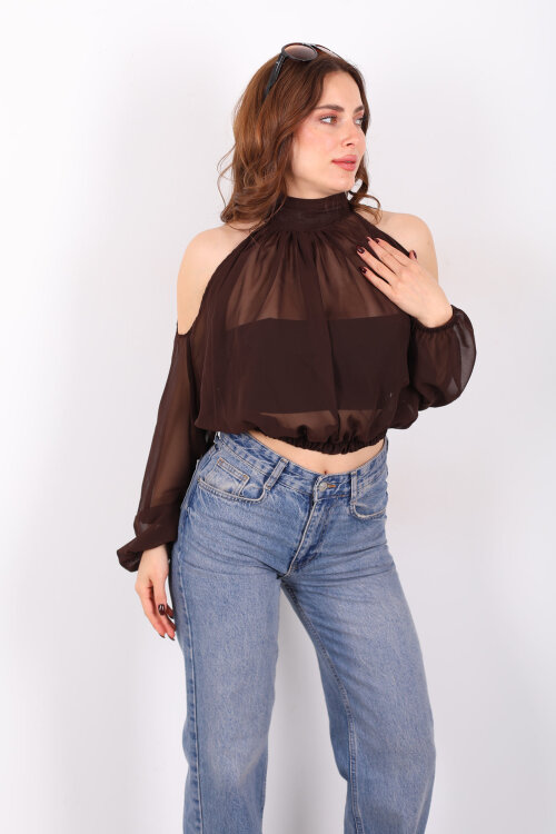 Omuz Açık Desenli Şifon Acı Kahve Kadın Bluz - 5