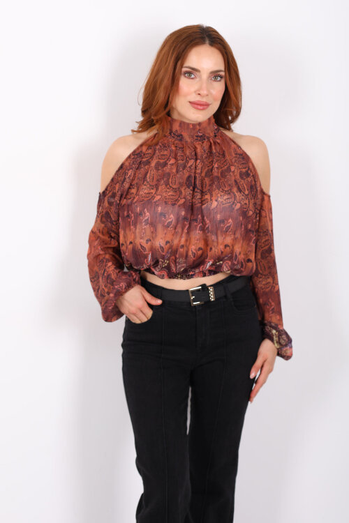 Omuz Açık Desenli Şifon Kahverengi Kadın Bluz - 4