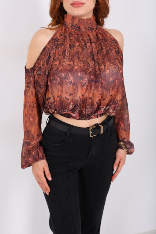 Omuz Açık Desenli Şifon Kahverengi Kadın Bluz - Berox (1)