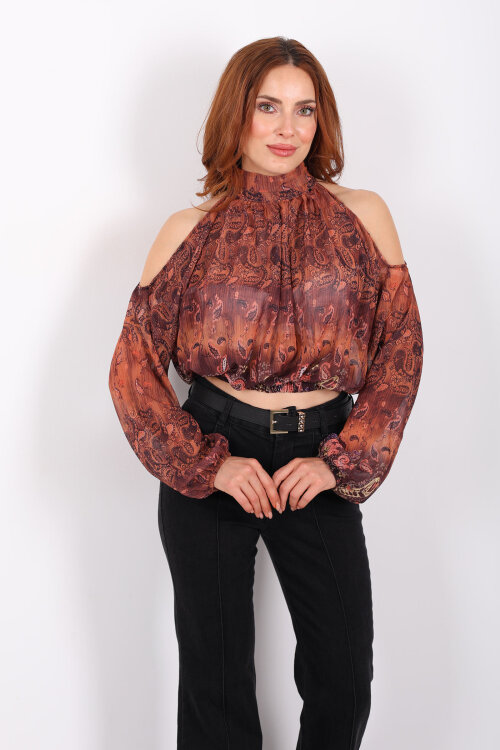 Omuz Açık Desenli Şifon Kahverengi Kadın Bluz 