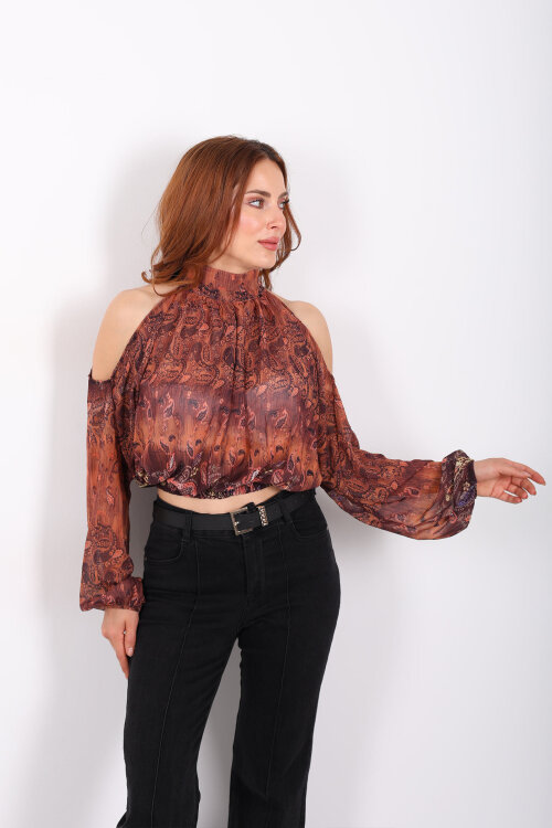 Omuz Açık Desenli Şifon Kahverengi Kadın Bluz - 3
