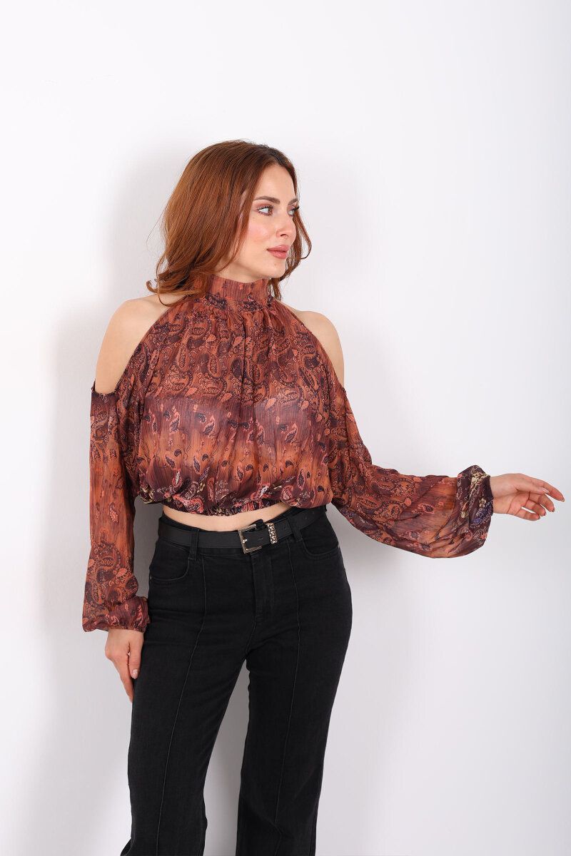 Omuz Açık Desenli Şifon Kahverengi Kadın Bluz - 3