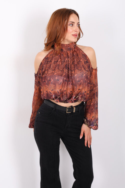Omuz Açık Desenli Şifon Kahverengi Kadın Bluz - 6