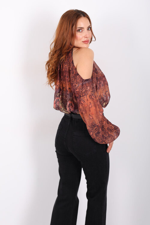 Omuz Açık Desenli Şifon Kahverengi Kadın Bluz - 5