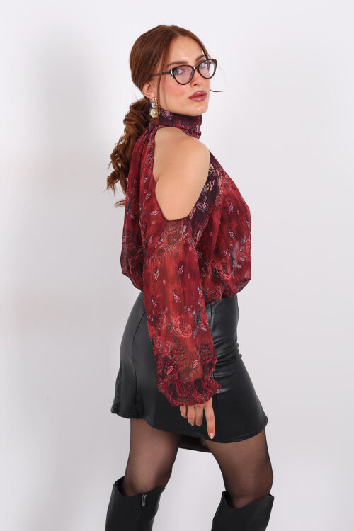 Omuz Açık Desenli Şifon Mürdüm Kadın Bluz - 4