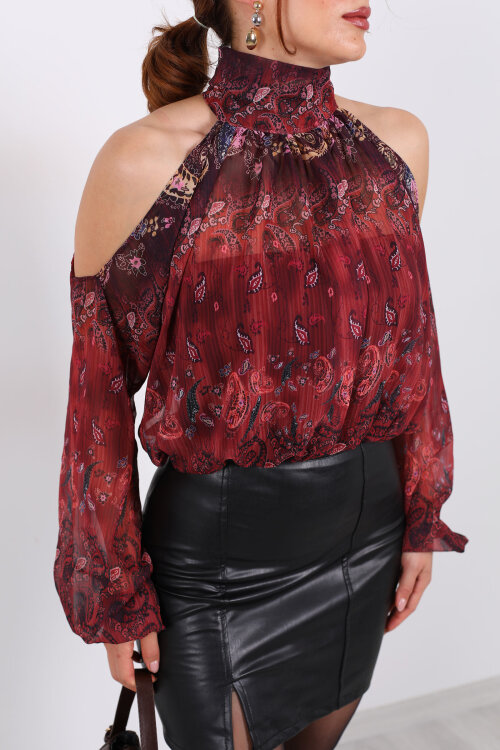 Omuz Açık Desenli Şifon Mürdüm Kadın Bluz - Berox (1)