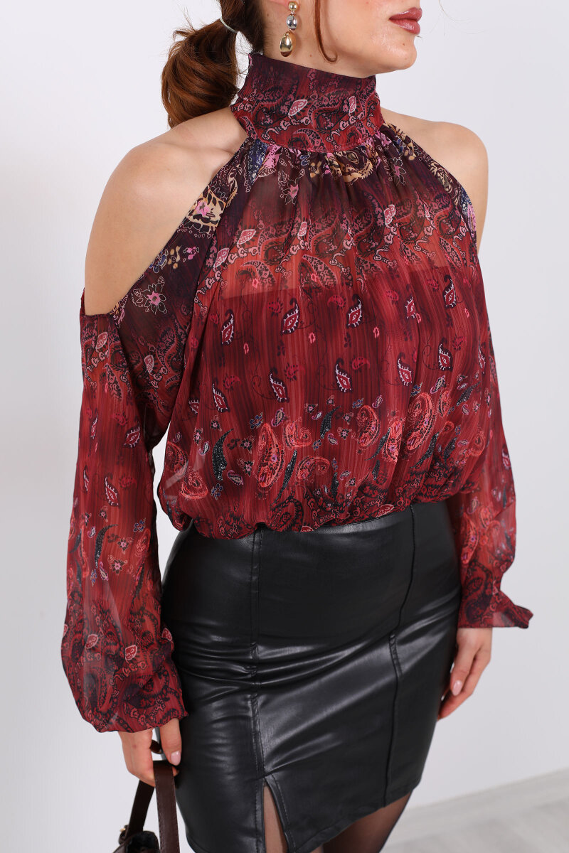 Omuz Açık Desenli Şifon Mürdüm Kadın Bluz - 2