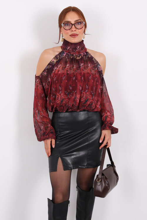 Omuz Açık Desenli Şifon Mürdüm Kadın Bluz - 6