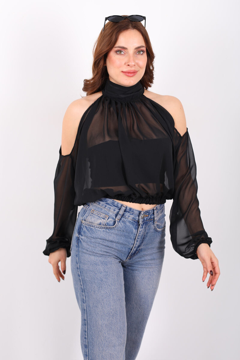 Omuz Açık Desenli Şifon Siyah Kadın Bluz - 6