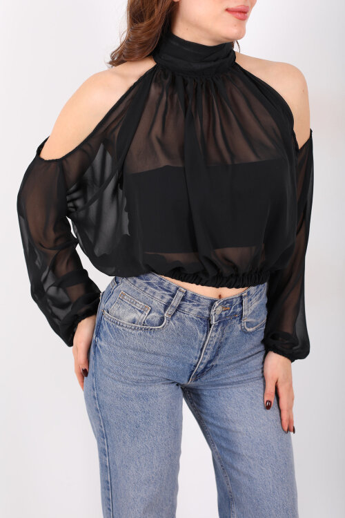 Omuz Açık Desenli Şifon Siyah Kadın Bluz - Berox (1)