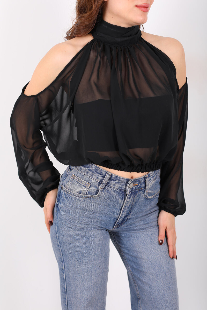 Omuz Açık Desenli Şifon Siyah Kadın Bluz - 2