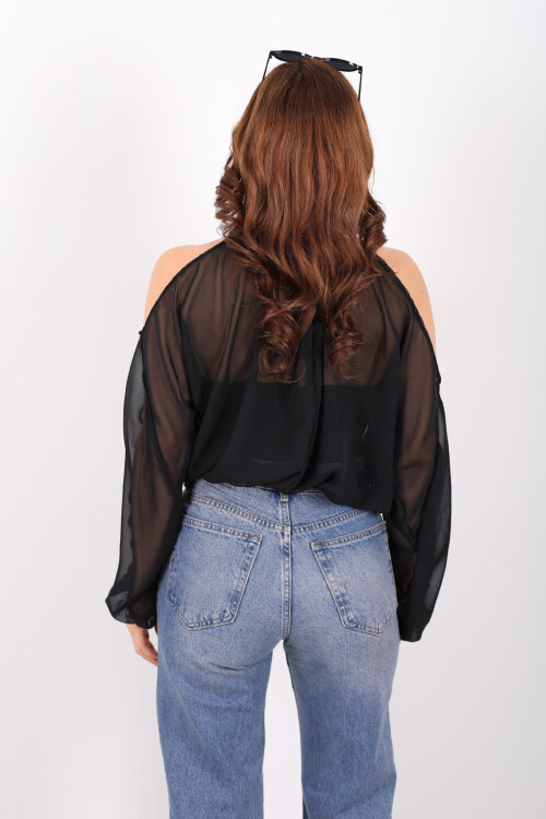 Omuz Açık Desenli Şifon Siyah Kadın Bluz - 5