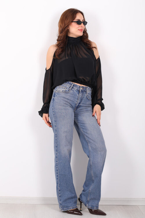 Omuz Açık Desenli Şifon Siyah Kadın Bluz - Berox