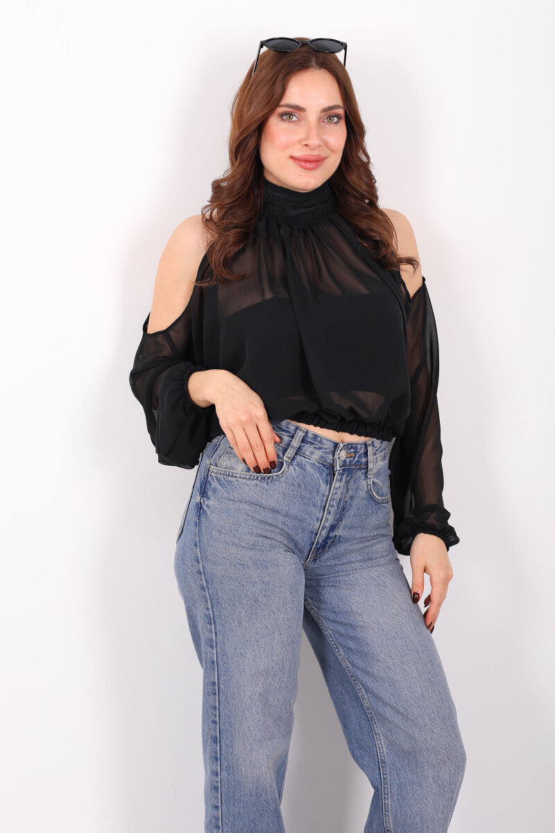 Omuz Açık Desenli Şifon Siyah Kadın Bluz - 3