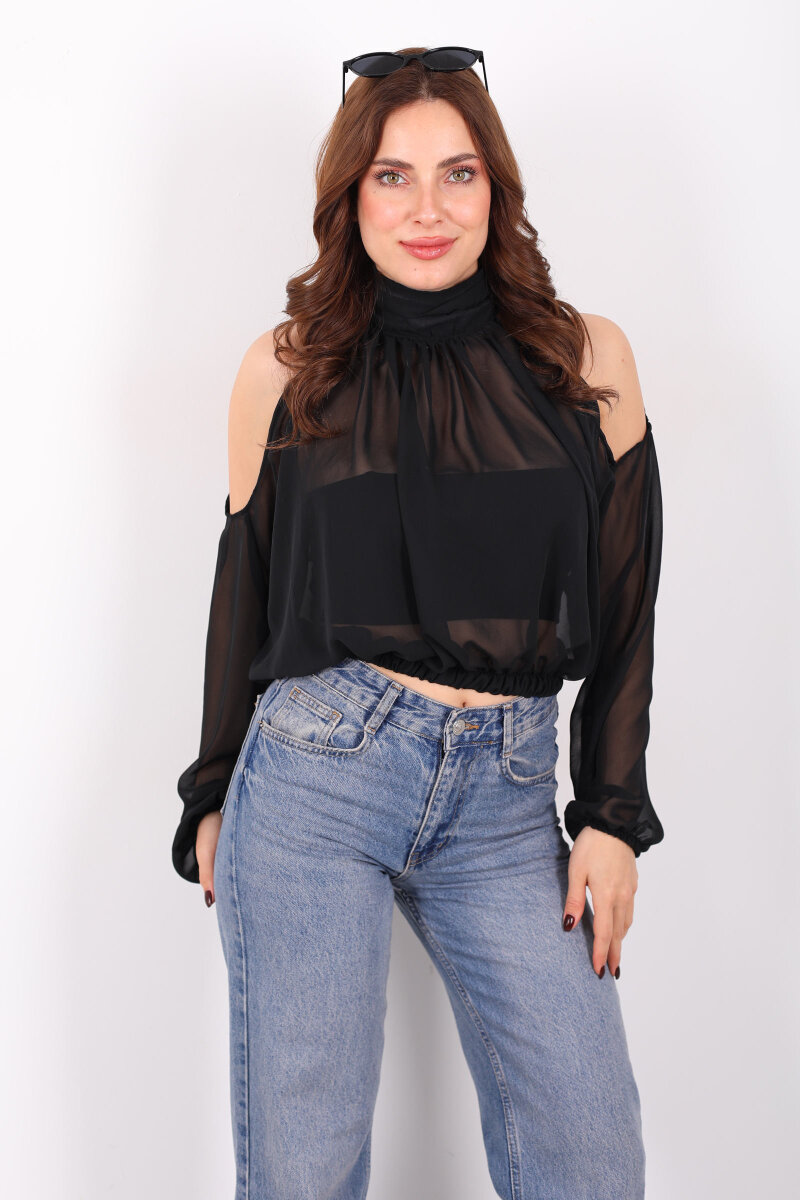 Omuz Açık Desenli Şifon Siyah Kadın Bluz - 4