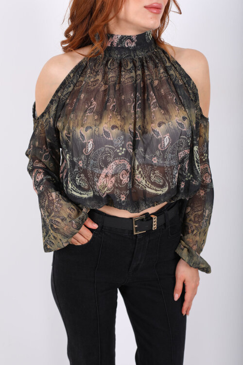 Omuz Açık Desenli Şifon Yeşil Kadın Bluz - Berox (1)