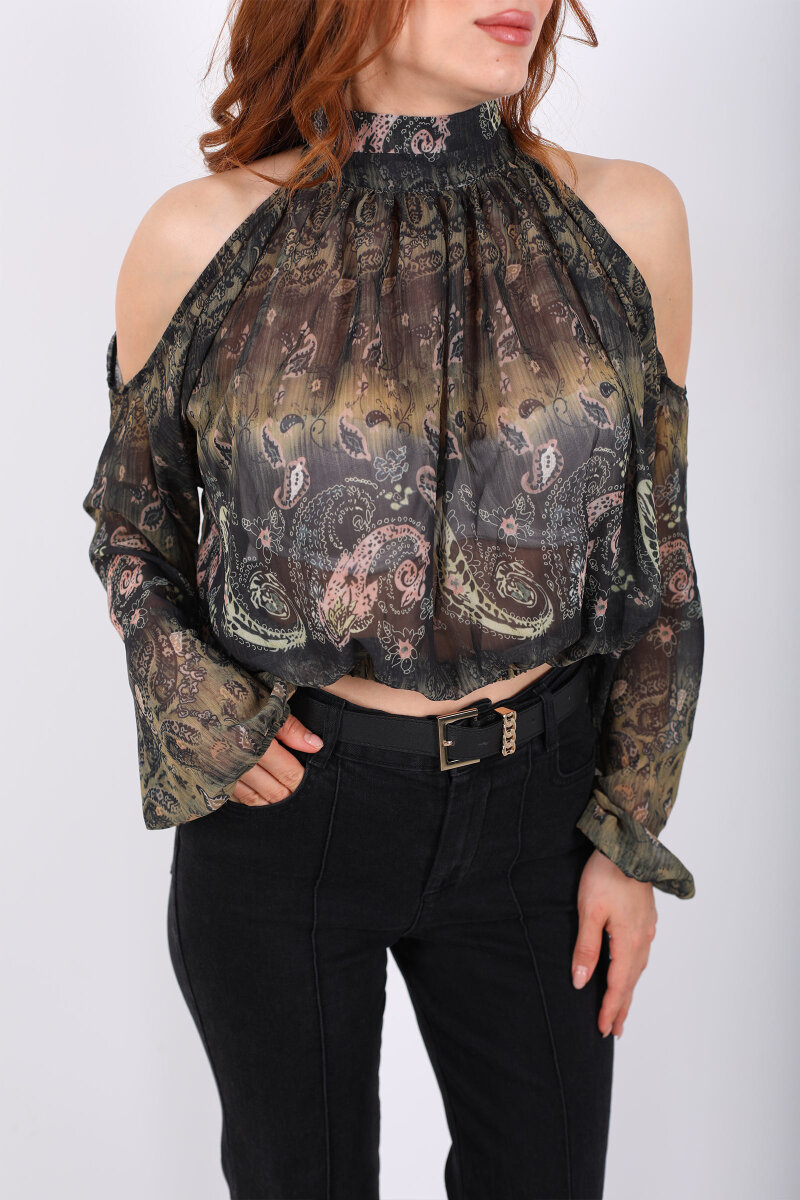 Omuz Açık Desenli Şifon Yeşil Kadın Bluz - 2