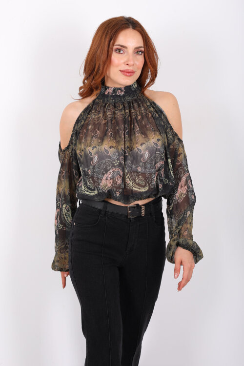 Omuz Açık Desenli Şifon Yeşil Kadın Bluz - 5