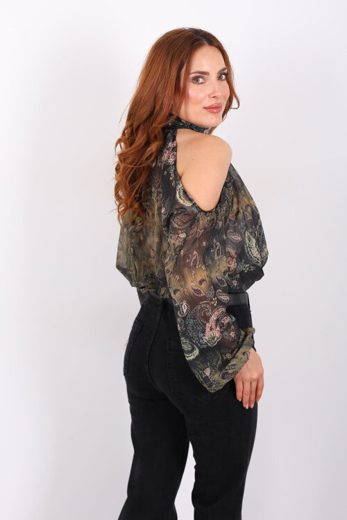 Omuz Açık Desenli Şifon Yeşil Kadın Bluz - 4