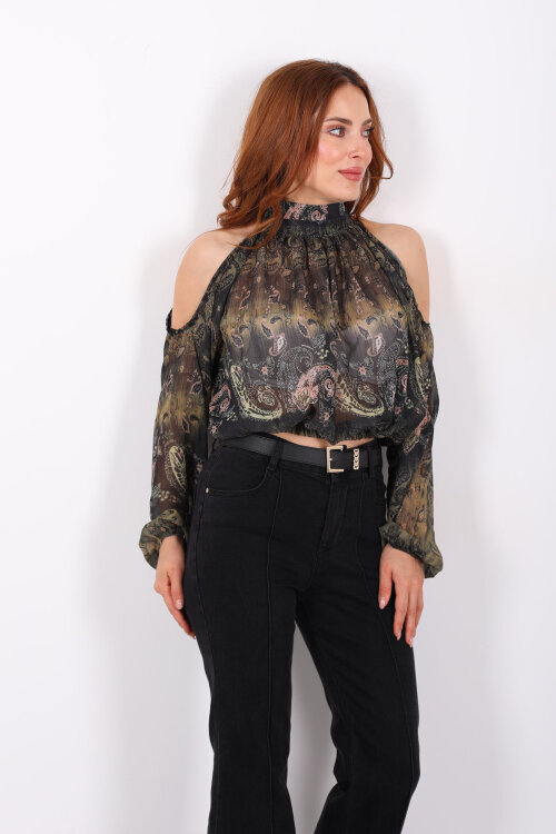 Omuz Açık Desenli Şifon Yeşil Kadın Bluz 