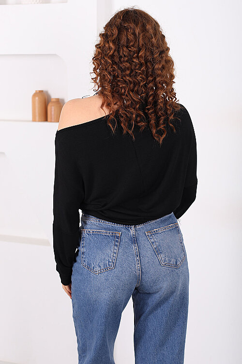 Omuz Açık Şal Bağlamalı Oversize Siyah Kadın Bluz - 5