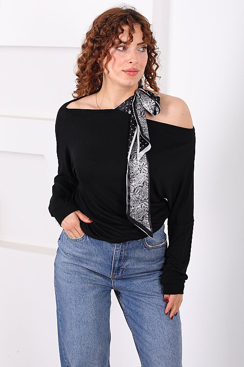 Omuz Açık Şal Bağlamalı Oversize Siyah Kadın Bluz - 4
