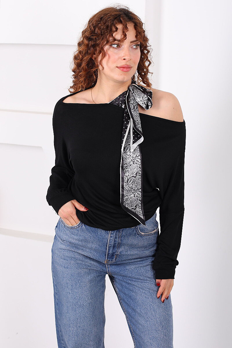 Omuz Açık Şal Bağlamalı Oversize Siyah Kadın Bluz - 4