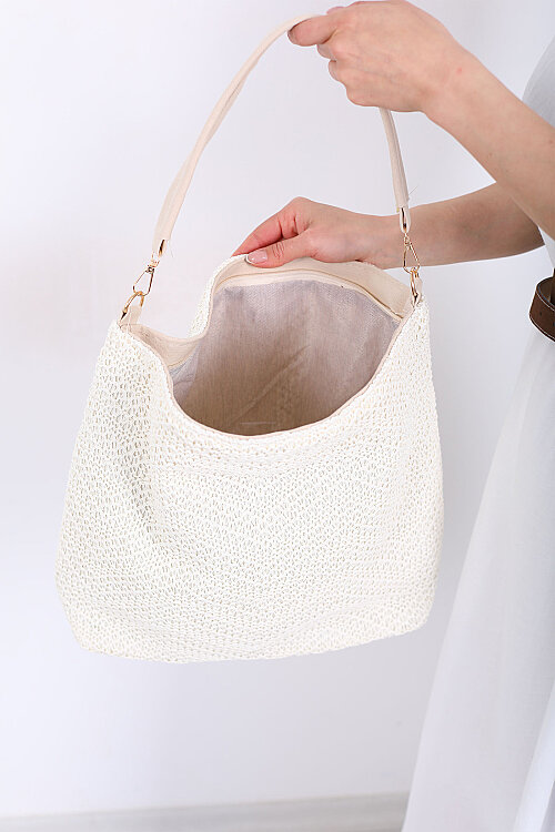 Omuz Askılı İp Örgülü Krem Hasır Çanta - Berox (1)