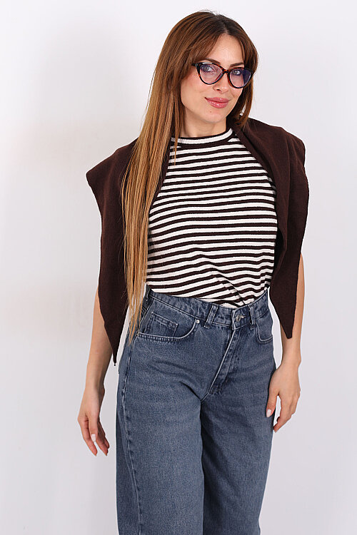 Omuz Atkılı Çizgili Acı Kahve Kadın Triko Kazak - 7
