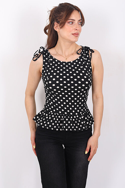 Omuz Bağcıklı Fırfırlı Puantiyeli Siyah Kadın Bluz - Berox