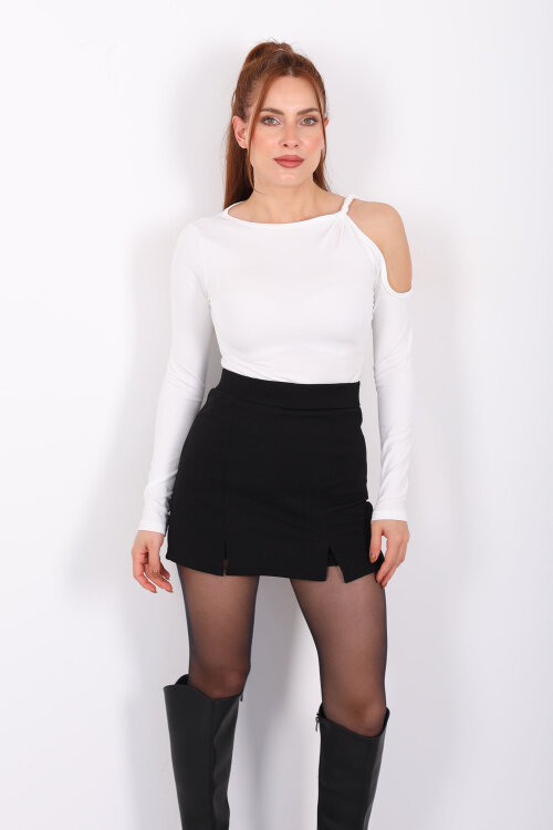 Omuz Burgulu Uzun Kol Beyaz Kadın Sandy Bluz - 6