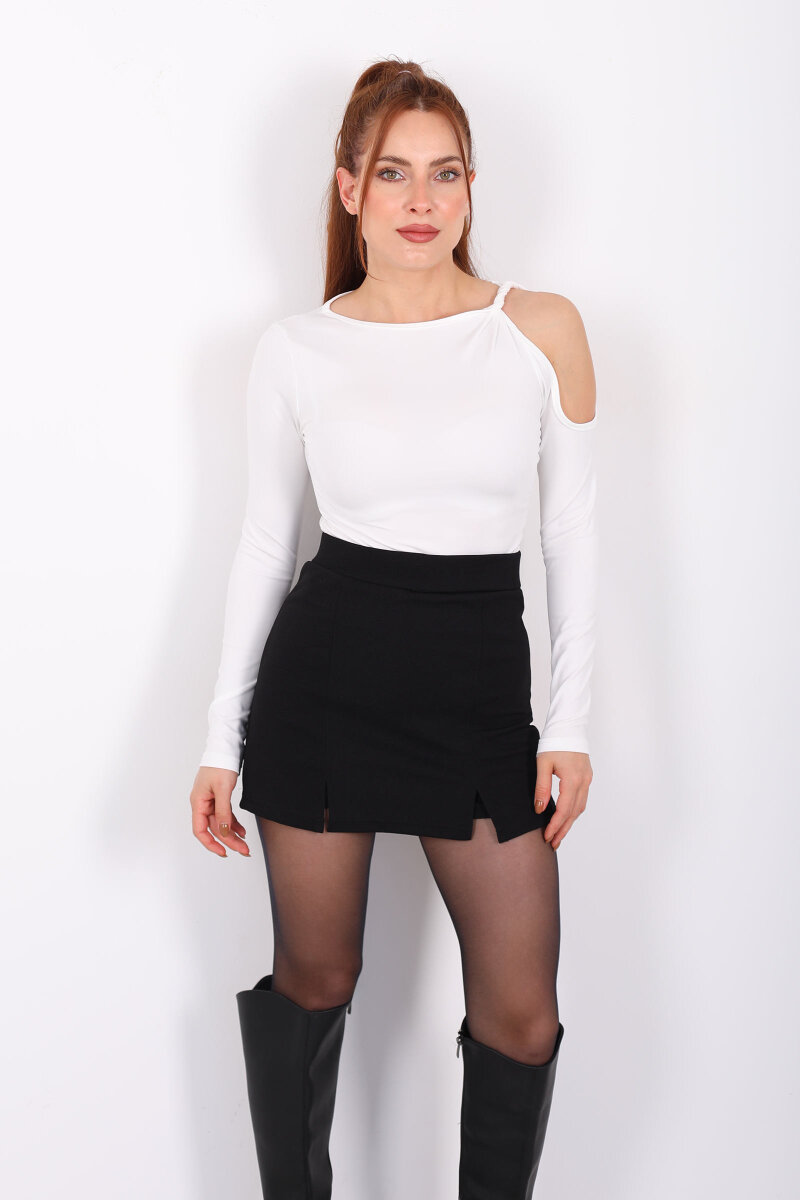 Omuz Burgulu Uzun Kol Beyaz Kadın Sandy Bluz - 6